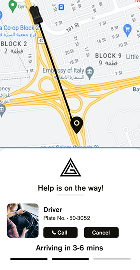 Grua app live-tracking screen: driver on the way, arriving in 3–6 minutes